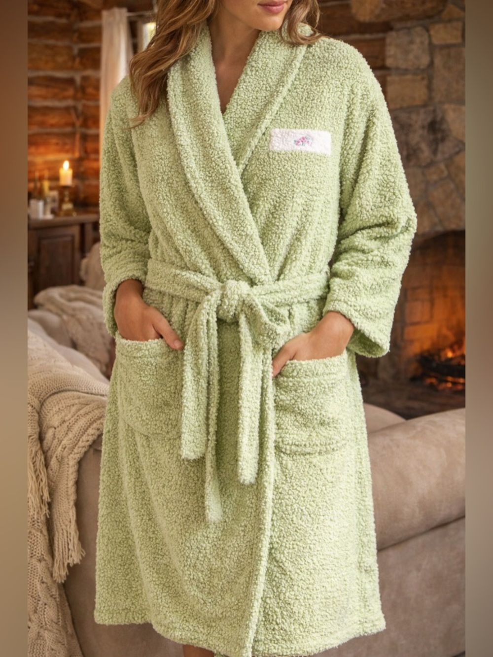Vintage High Sierra Green Plush Sherpa Robe Medium Cozy Belted Spa Cottagecore